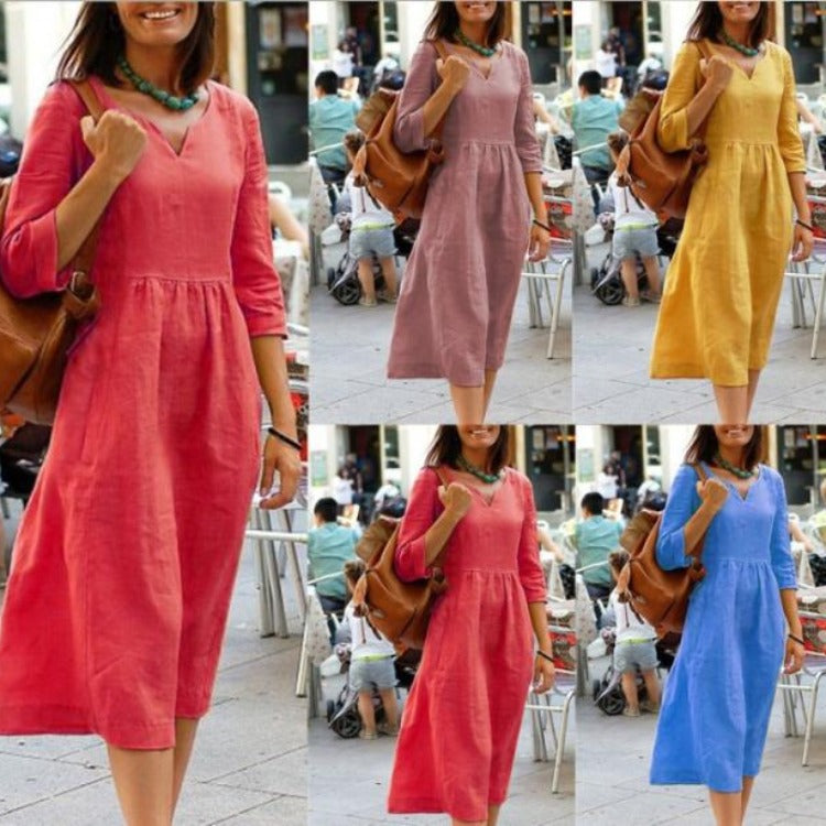 Women's Plus Size Summer Cotton Linen V-Neck Casual Midi Dress