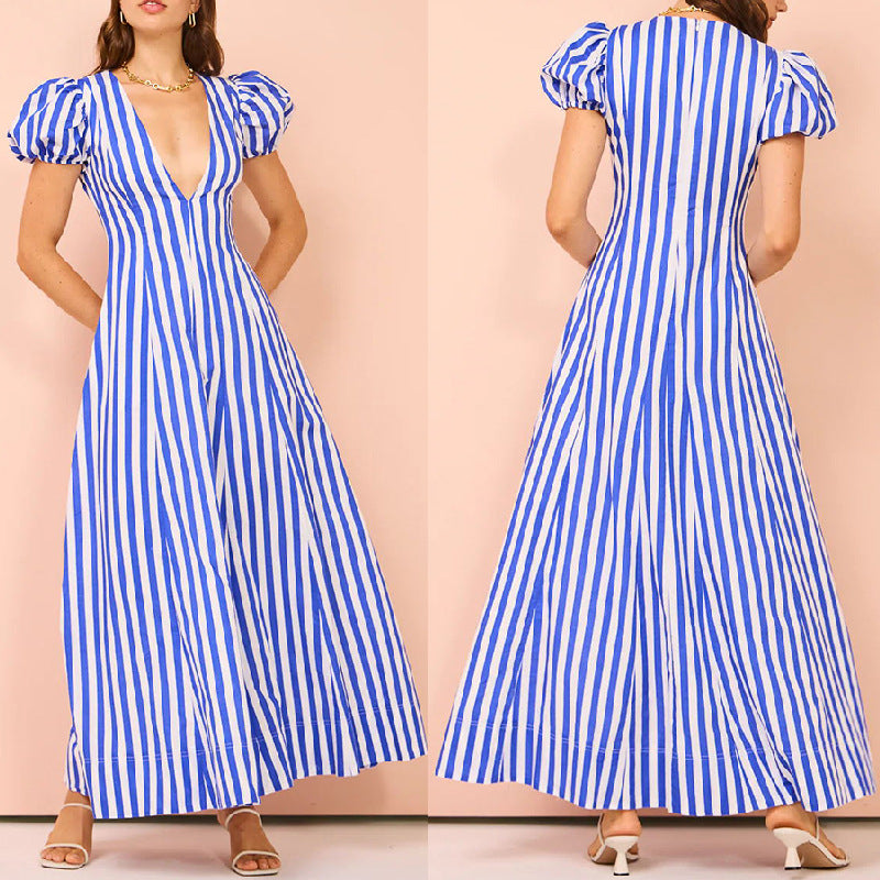 Women's Vintage V-Neck Stripe Puff Sleeve Swing Casual Maxi Dress