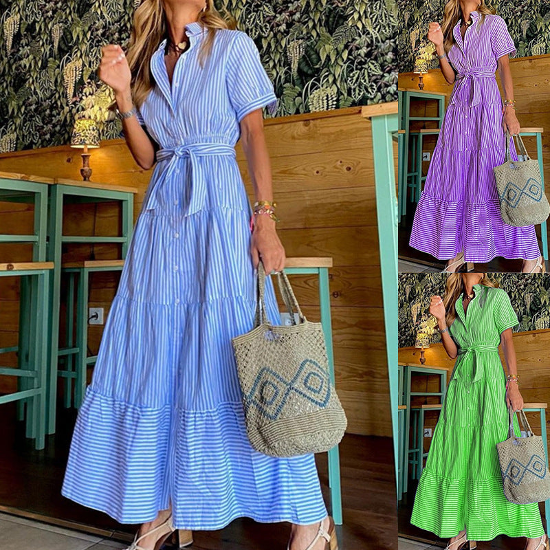 Women's Casual Classic Stripe Short Sleeve Sash Lapel Maxi Dress