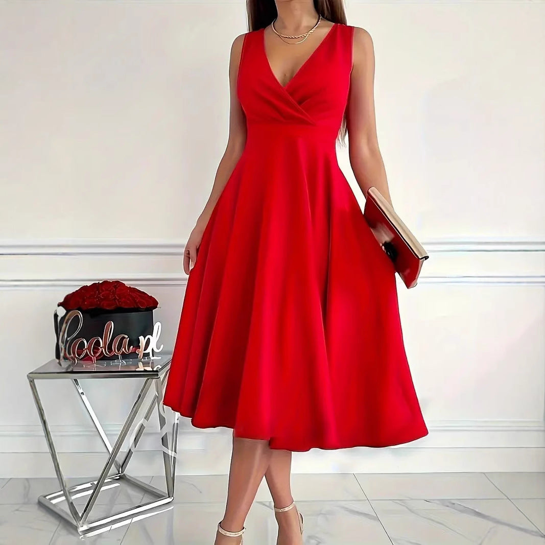 Basic Solid Color Sleeveless V-Neck Midi Dress