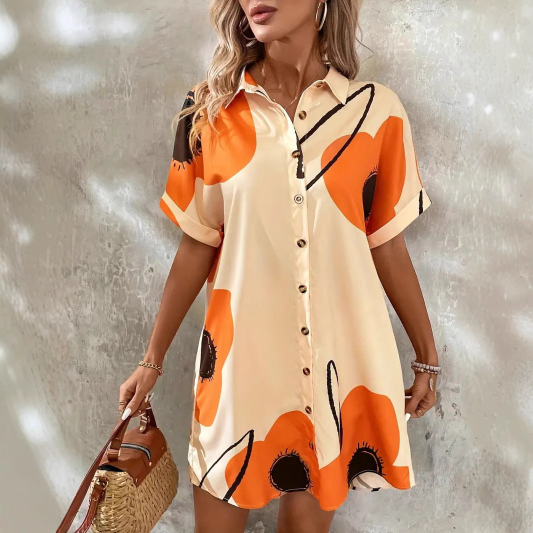 Women's Casual Printed Lapel Short Sleeve Loose Cardigan Dress