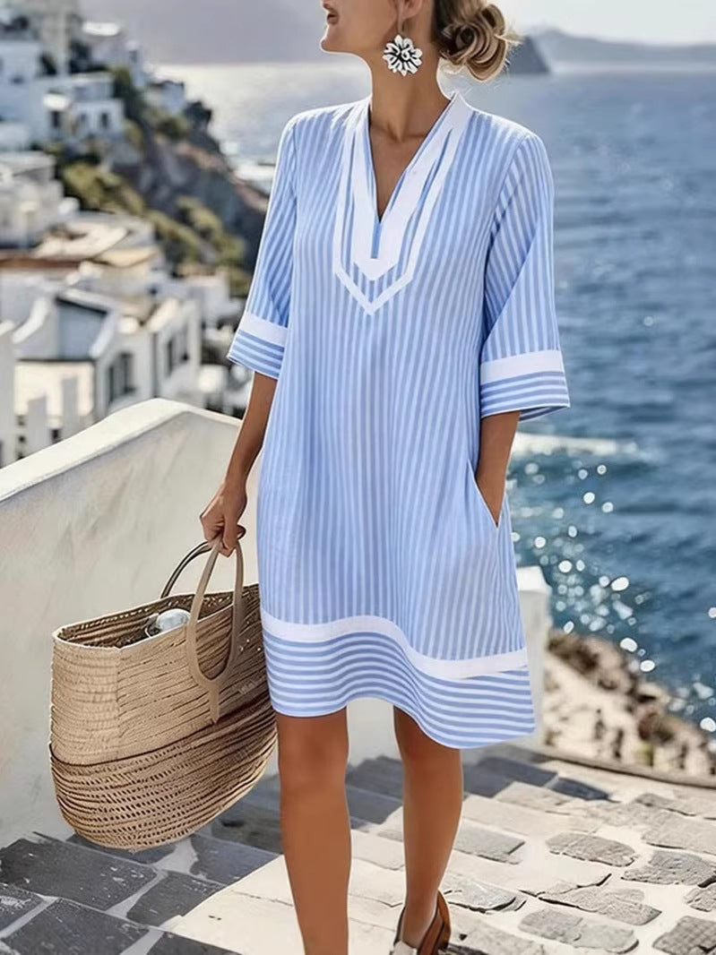 Women's Casual Vacation Printed V-Neck Short Sleeve Loose Dress