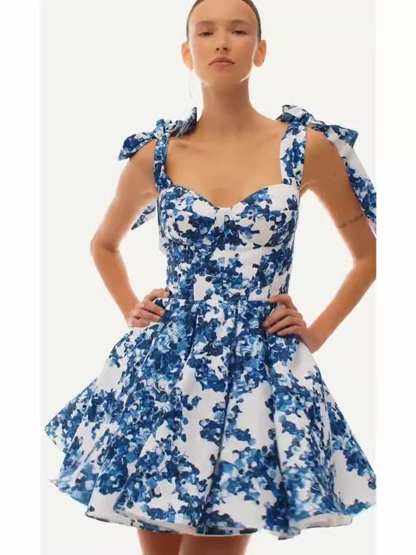 Women's Elegant Vacation Floral Printed Sleeveless Lace-Up Backless Dress