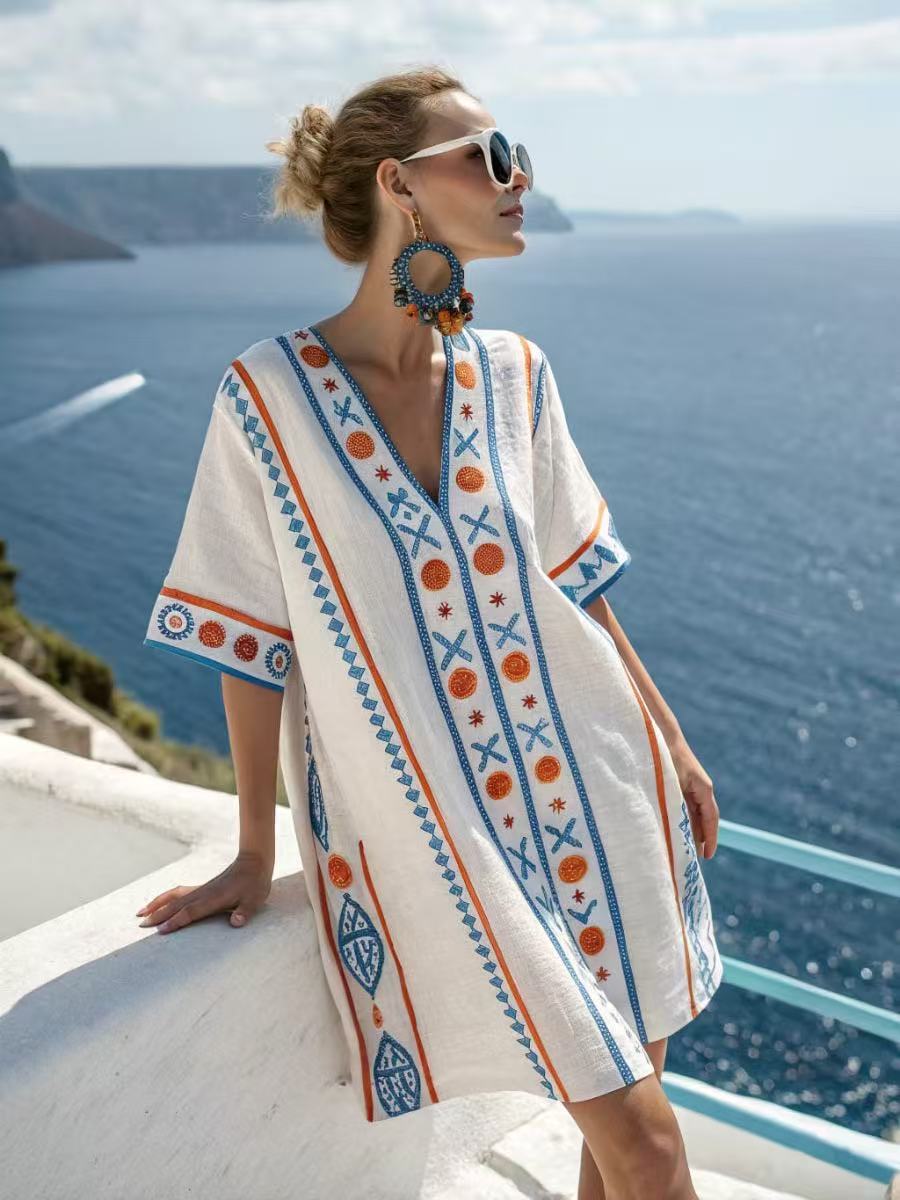 Women's Casual Boho Vacation Printed V-Neck Short Sleeve Loose Dress