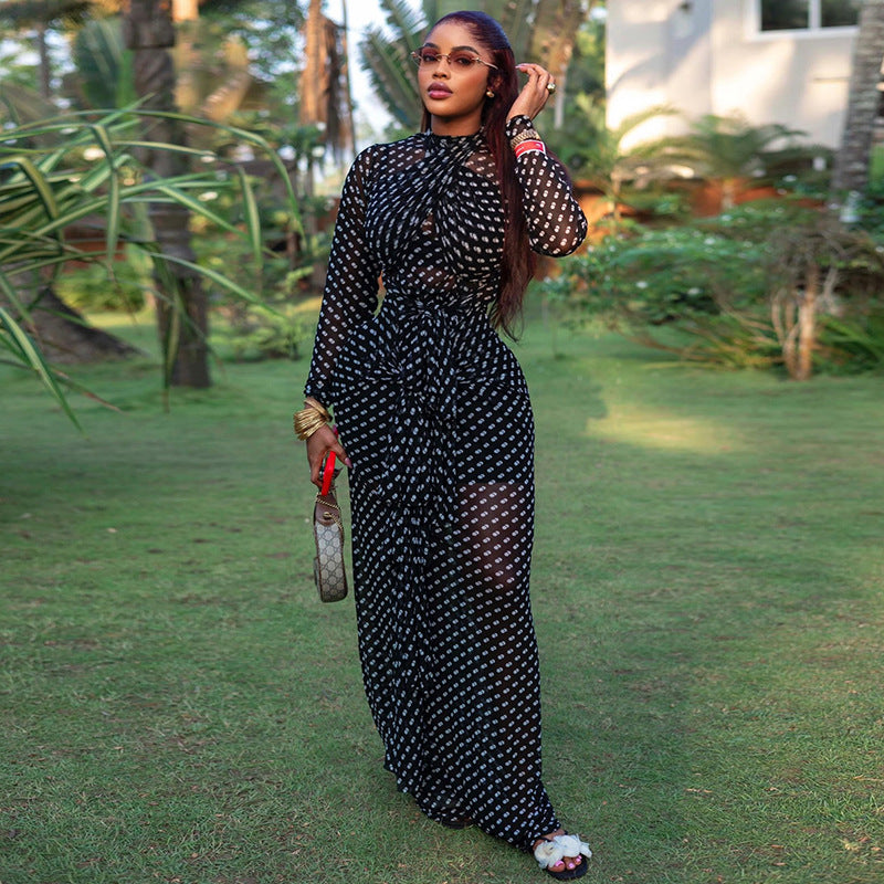 Women's Polka Dot High Neck Long Sleeve Maxi Dress