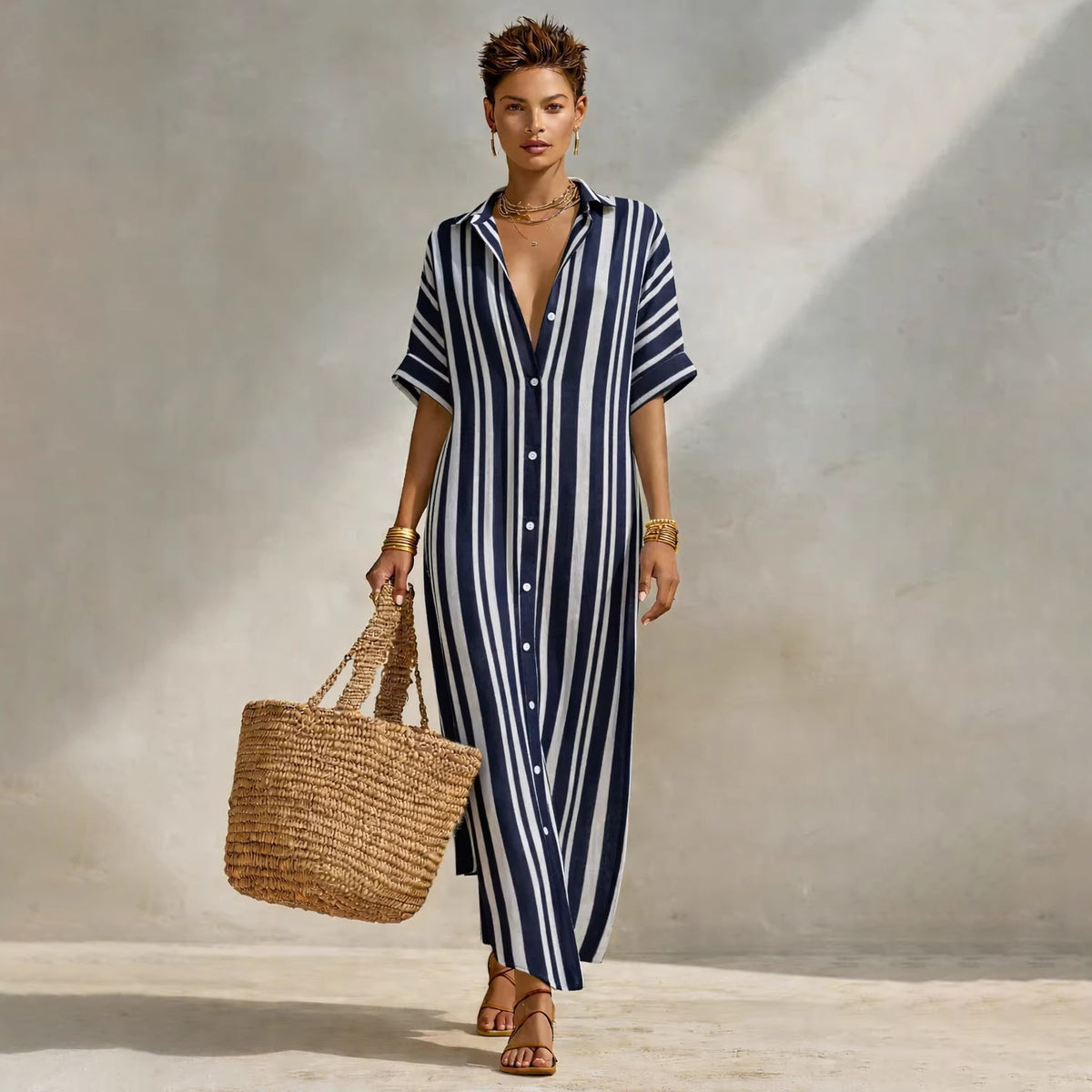 Women's Casual Summer Stripe Lapel Short Sleeve Loose Dress