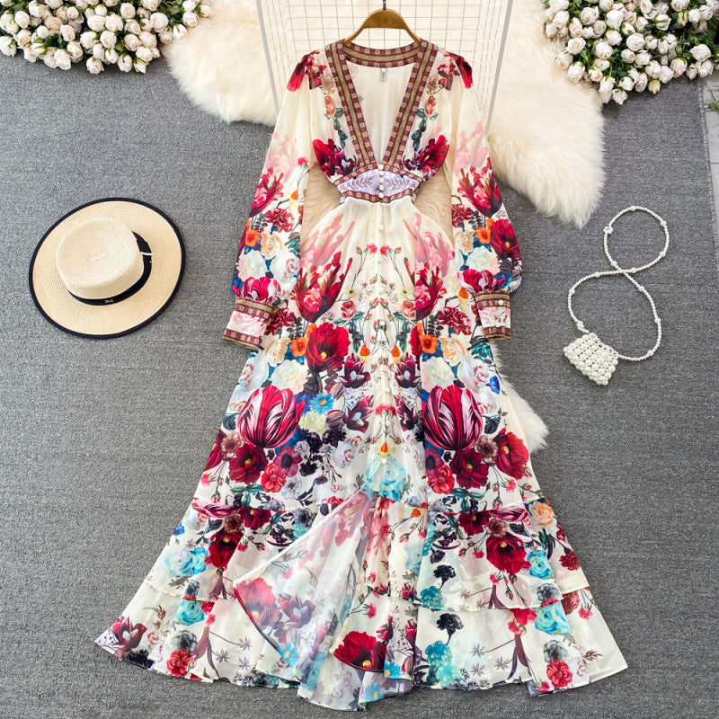 Women's Floral Printed Shirt Dress, with V-Neck