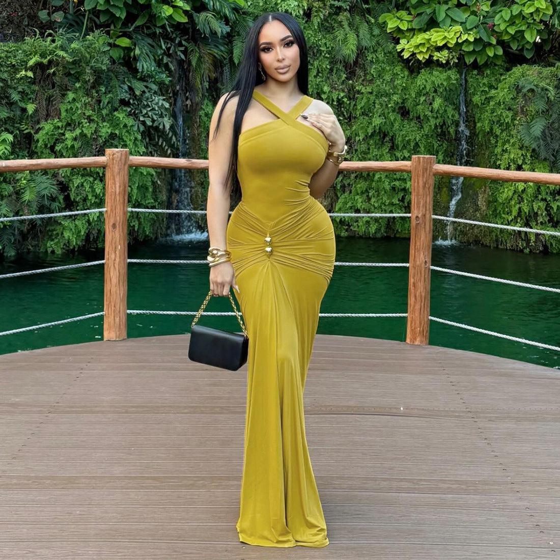 Women's Solid Color Neck Pleated Bodycon Maxi Fishtail Dress