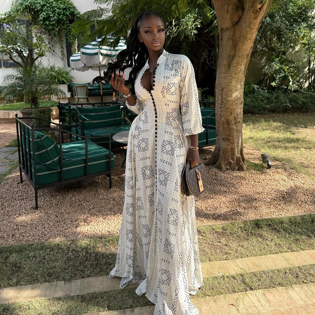 Women's African Elegant Casual Long Sleeve Collar Single-Breasted Maxi Dress