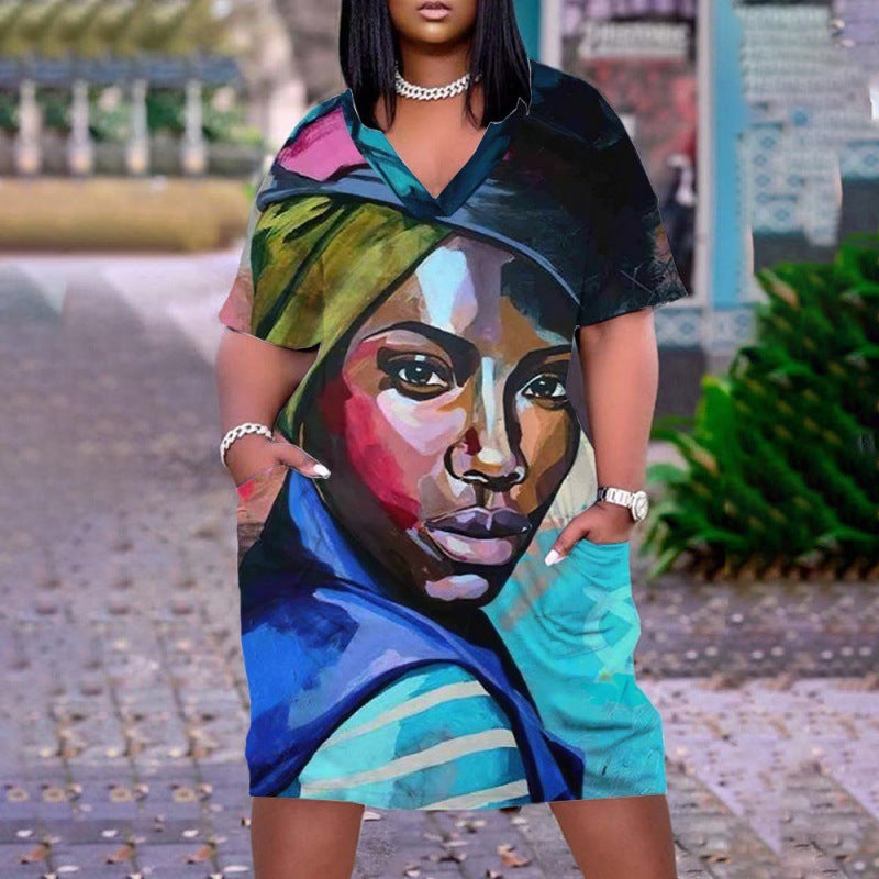 Women's Multicolor Human Avatar Printed V-Neck Long Sleeve Mid-Length Dress