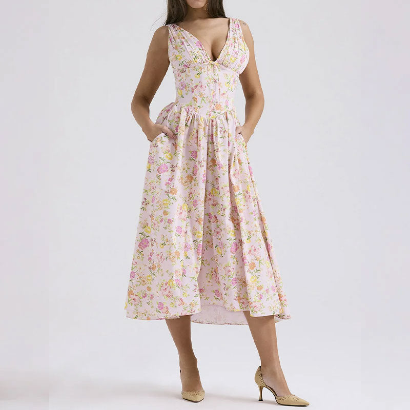 Women's Casual V-Neck Floral Print A-Line Dress