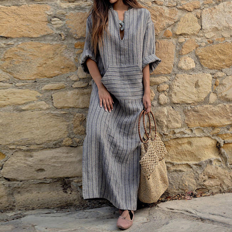 Women's Casual Cotton Linen Yarn-Dyed Striped Loose Maxi Dress