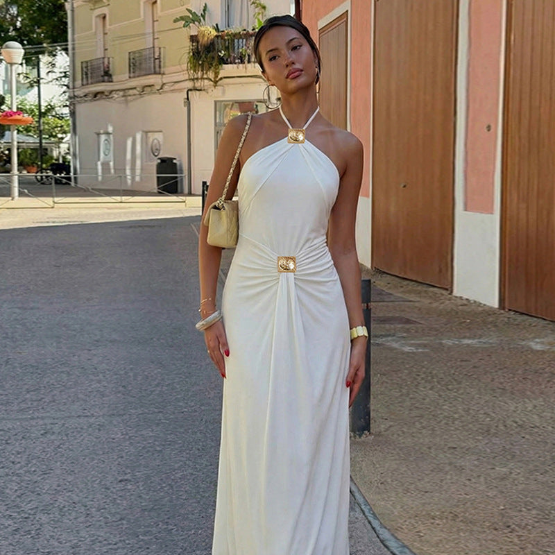 Women's and Solid Color Halter-Neck Sleeveless Backless Slim-Fit Tight Dress