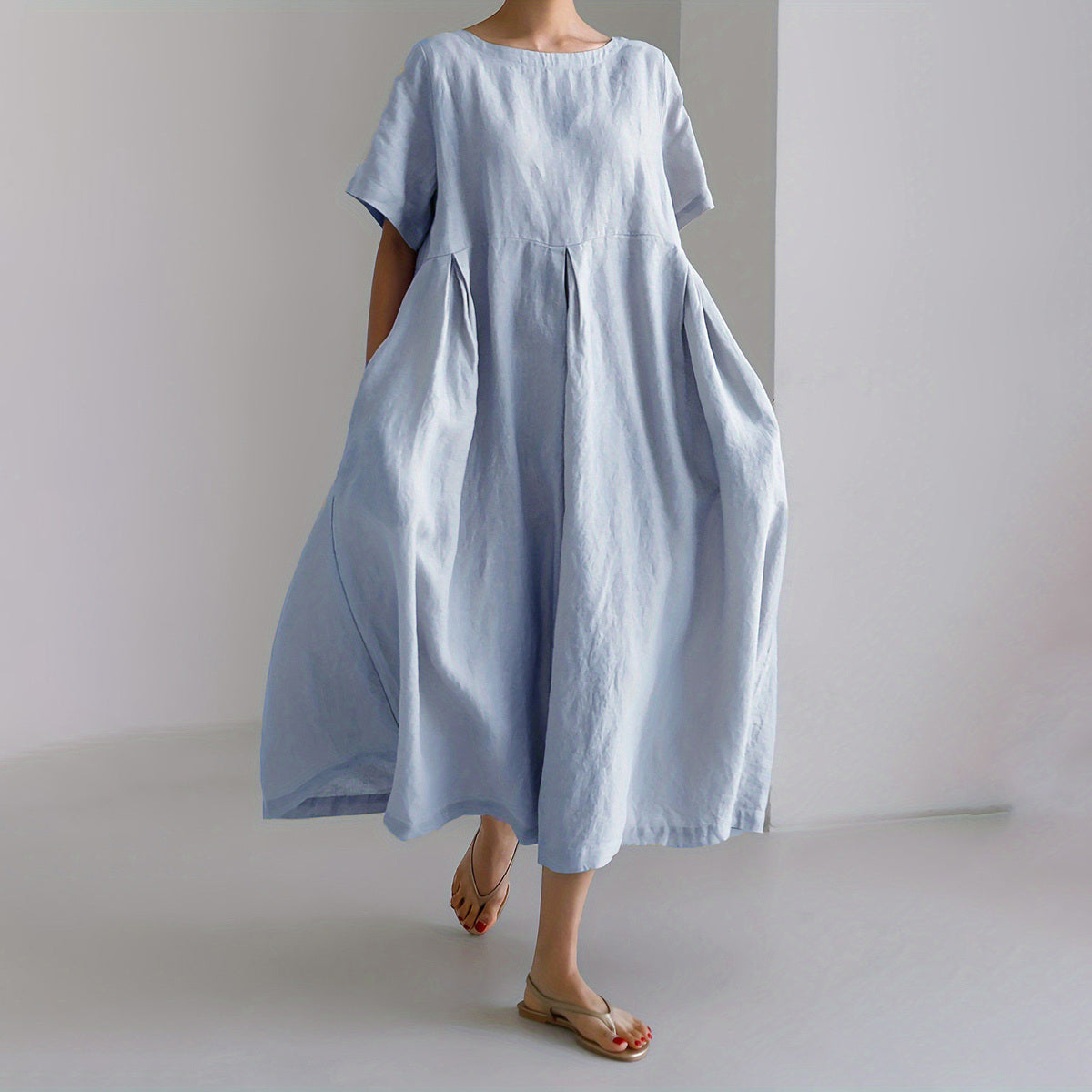 Women's Casual Solid Color Cotton and Linen Round Neck Short Sleeve Loose Dress