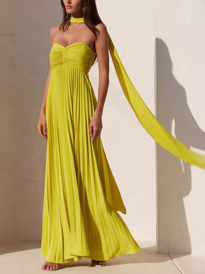 Women's Solid Color Strapless Pleated Maxi Dress