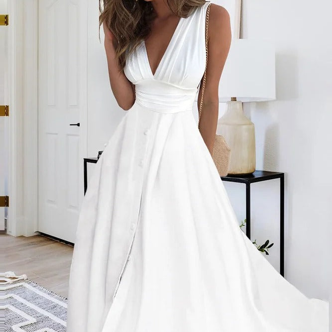 Women's Elegant Solid Color V-Neck Maxi Dress