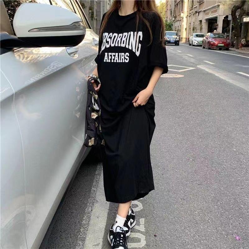 Women's Casual Loose Crewneck Alphabet Print Maxi Dress