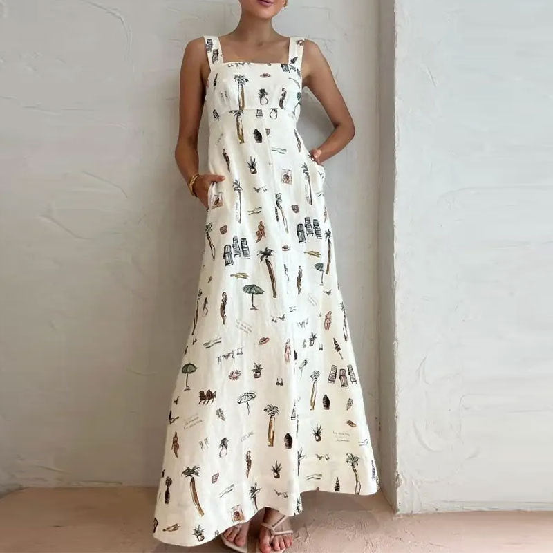 Women's Casual Summer Printed Sleeveless Backless Lace-Up Loose Dress