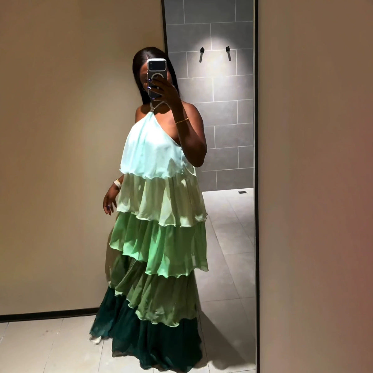 Women's Vacation African Halter Neck Gradient Multi-Layer Cake Maxi Dress