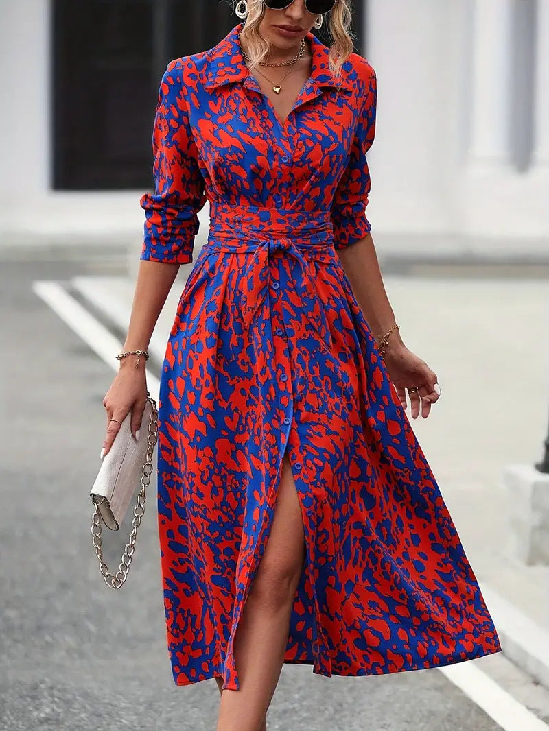 Women's Casual Printed Button Lapel Long Sleeve A-Line Dress
