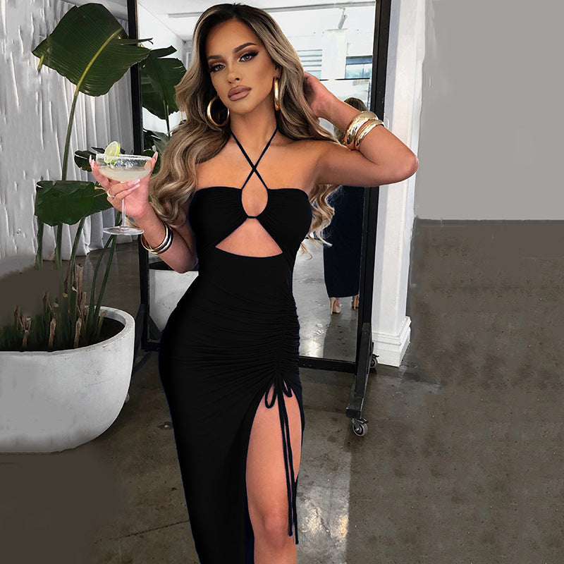 Women's Sexy Solid Color Tight Halter Neck Backless Side Slit Maxi Dress