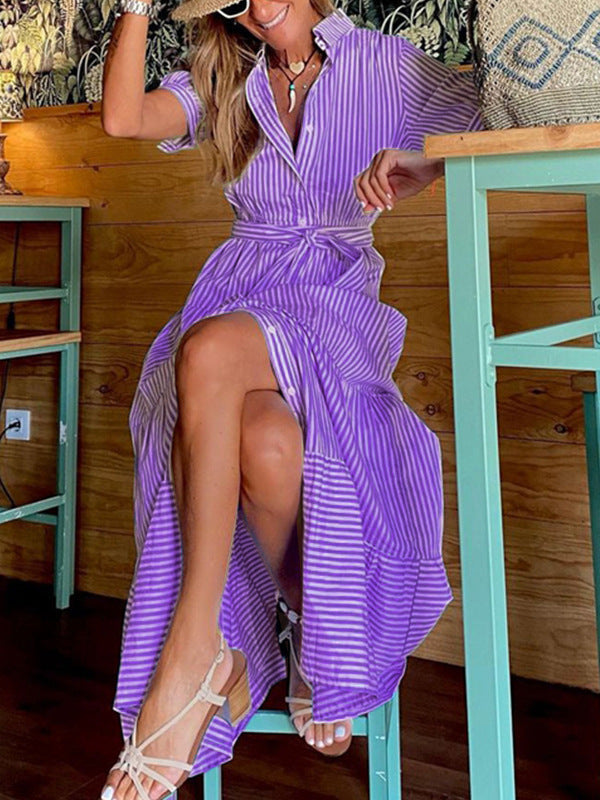 Women's Casual Stripe Lapel Short Sleeve Loose Dress