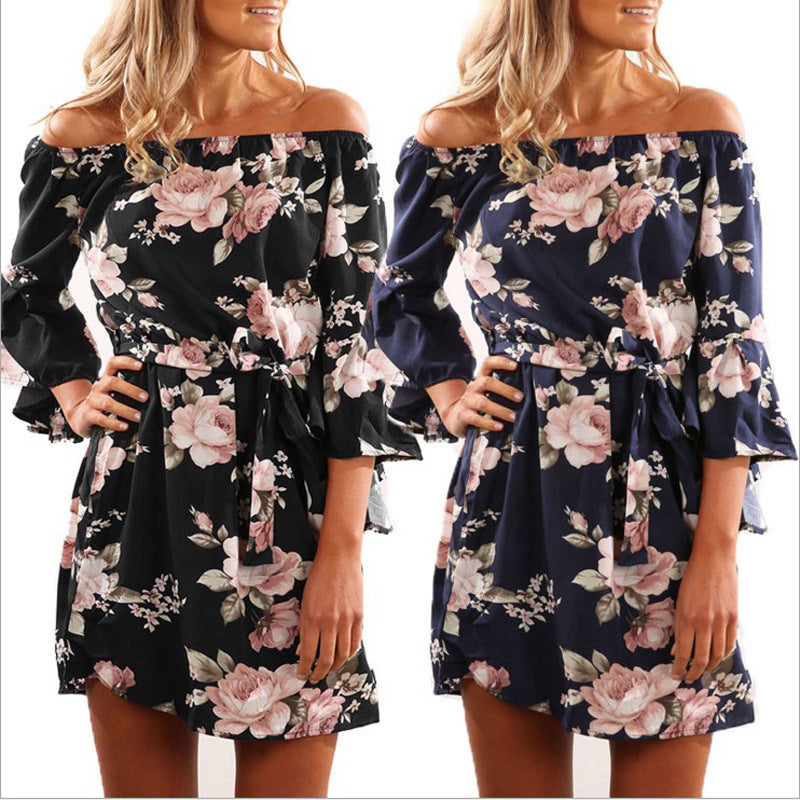 Women's Elegant Floral Printed Off-Shoulder Long Sleeve Midi Dress