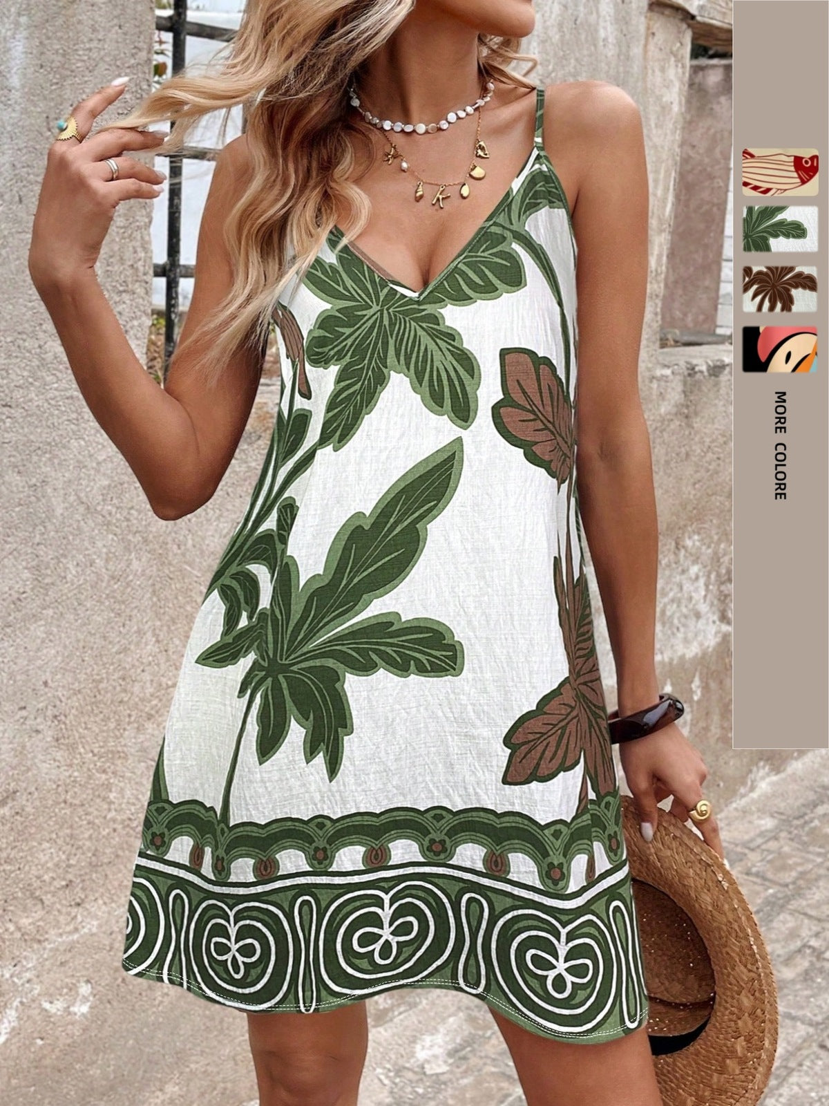 Women's Summer Vacation Casual Print Strap V-Neck Beach Mini Dress