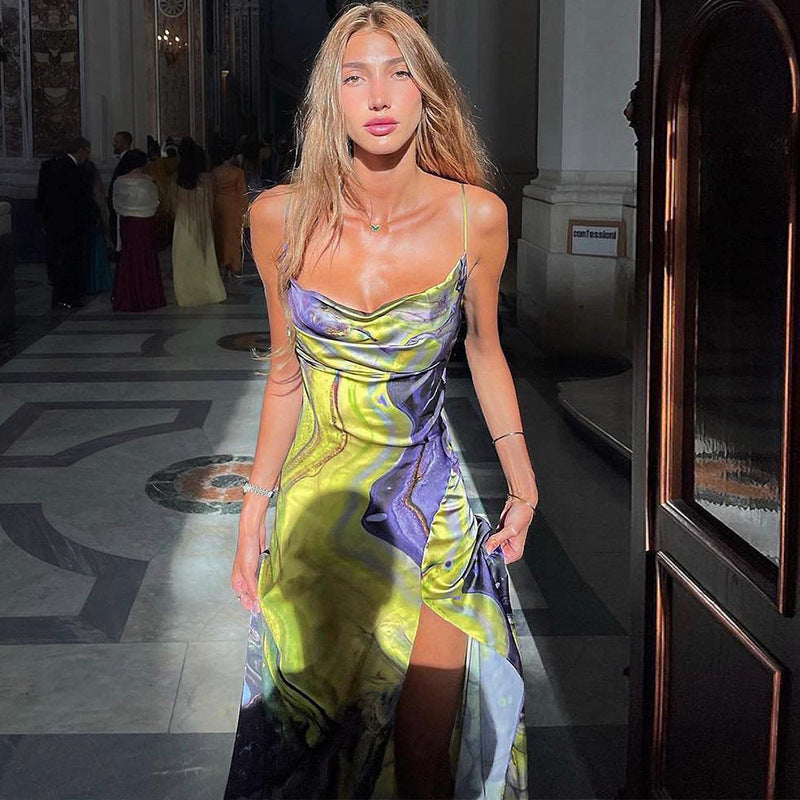Women's Sexy Summer Printed Spaghetti Strap Split Dress