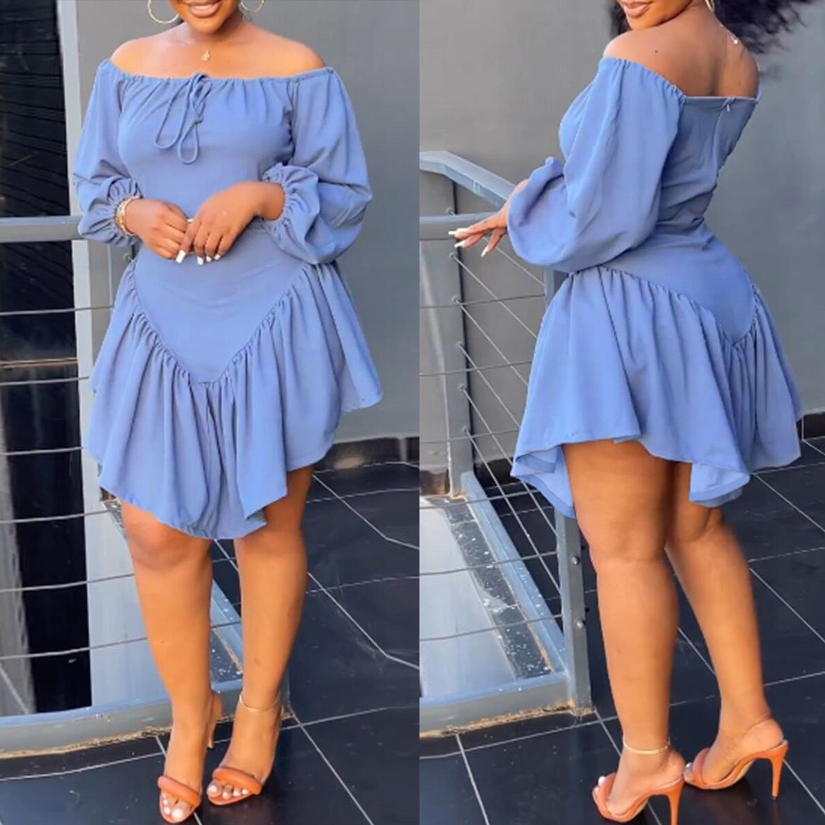 Women's Solid Color Lantern Sleeve Dress