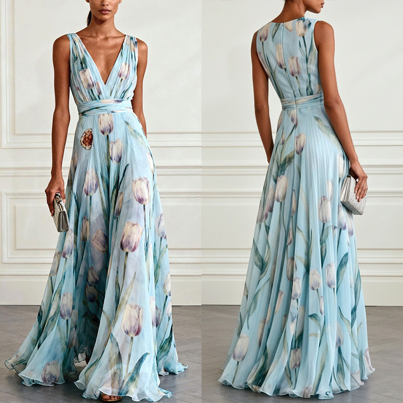 Women's Casual Flower Printed V-Neck Sleeveless Large Swing A-Line Dress