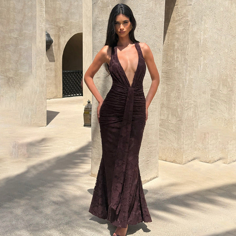 Women's Sexy Backless Lace-Up Deep V-Neck Pleated Fishtail Maxi Dress