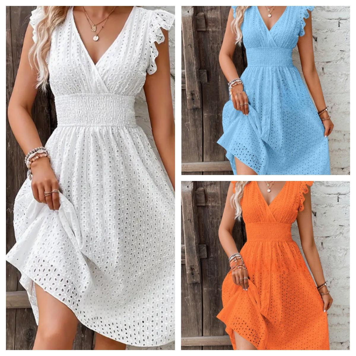 Women's Summer Casual Solid Color Ruffled V-Neck Dress