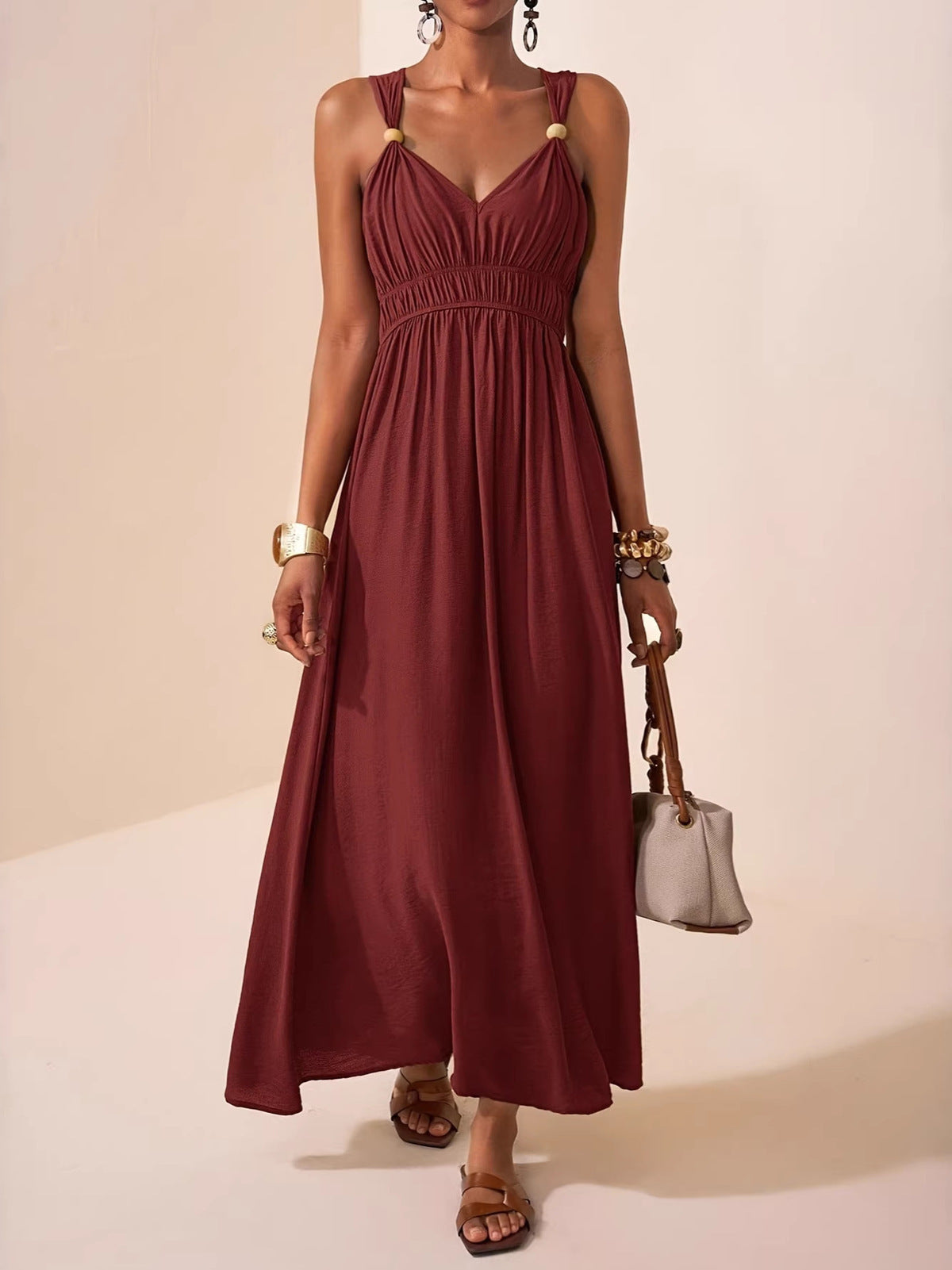 Women's and Solid Color Sleeveless Thin Deep V-Neck Large Swing A-Line Dress