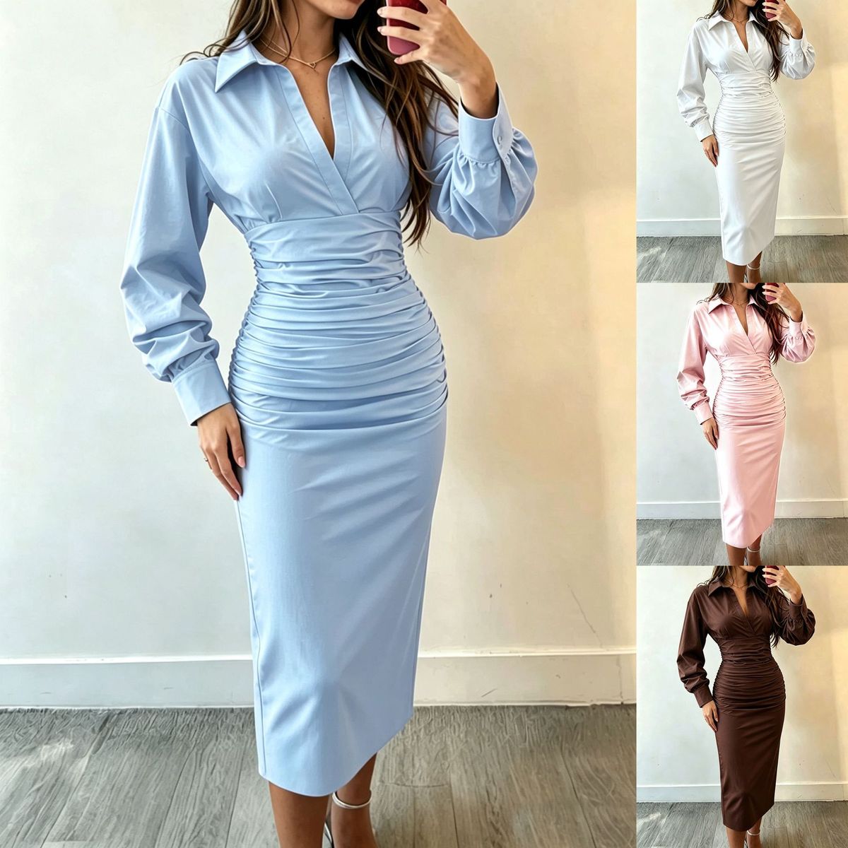 Women's Casual Temperament Solid Color Long Sleeve Waist Office Midi Dress