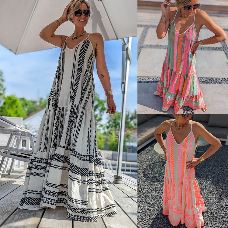 Women's Casual V-Neck Strap Geometric Print Maxi Dress