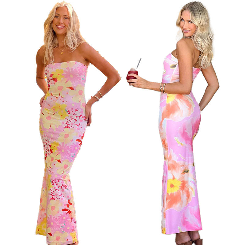 Women's Sexy Hanging Print Tube Top Bodycon Maxi Dress