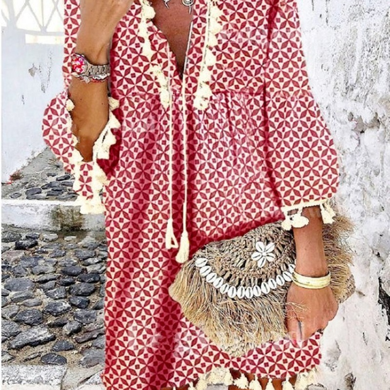 Women's Vintage V-Neck Tassel Floral Print Short Sleeve Mini Summer Dress