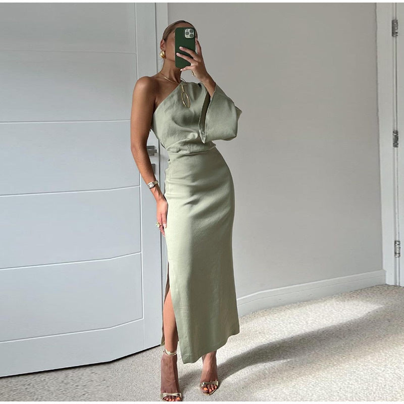 Women's Solid Color Slant Shoulder Side Slit Midi Dress