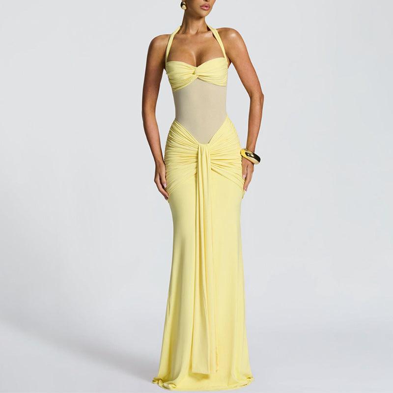 Women's Sexy Solid Color Mesh Stitching Halter-Neck Lace-Up Maxi Dress