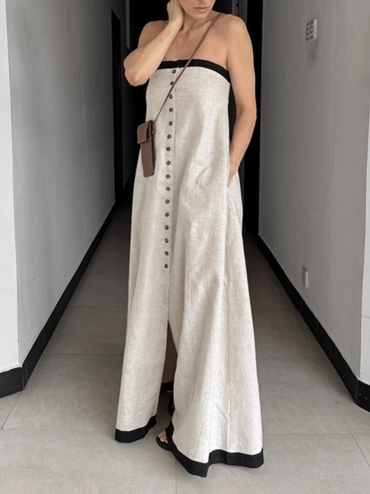 Women's Casual Stitching Contrast Single-Breasted Strapless Maxi Dress