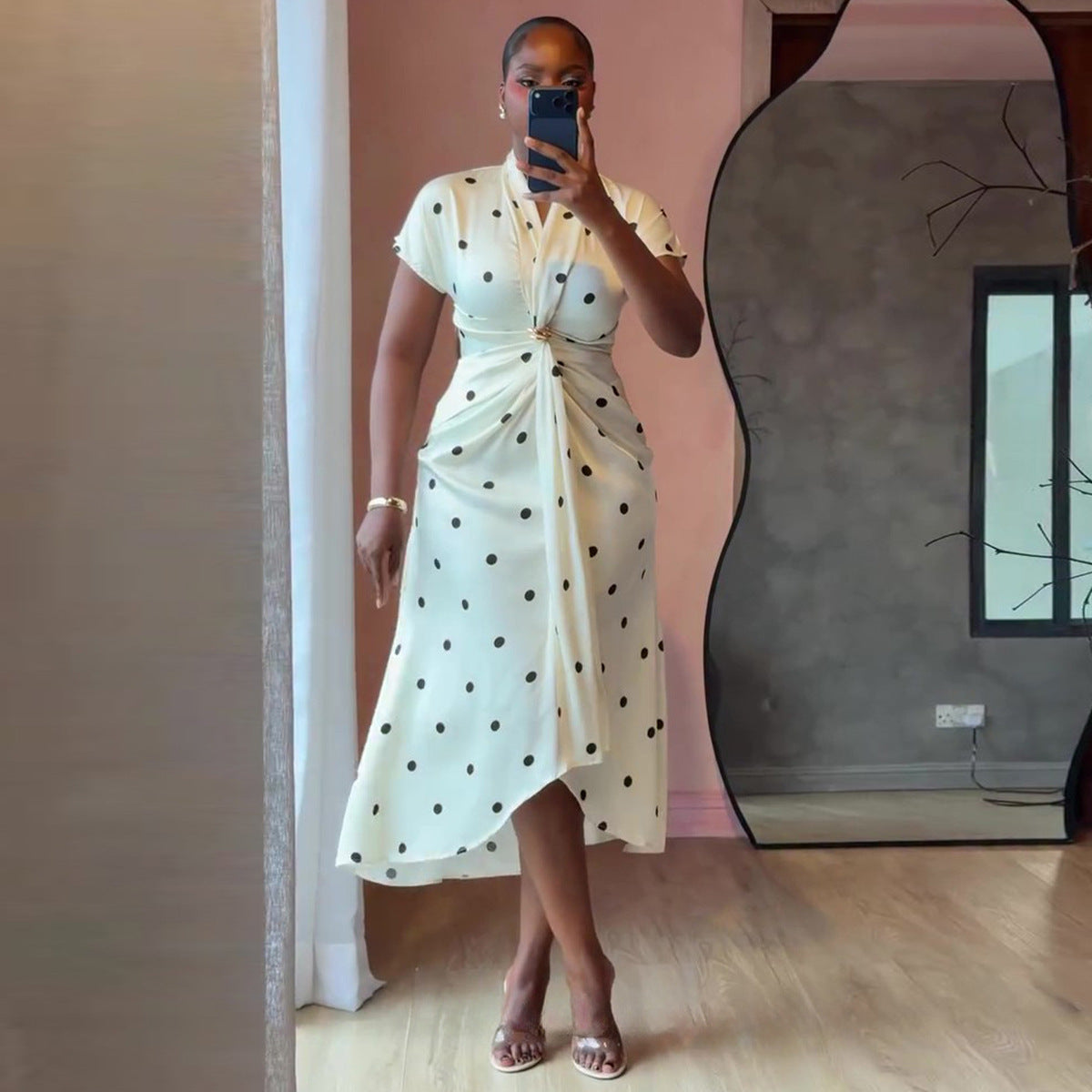 Women's Casual Polka Dot Print V-Neck Tight Waist Irregular Dress