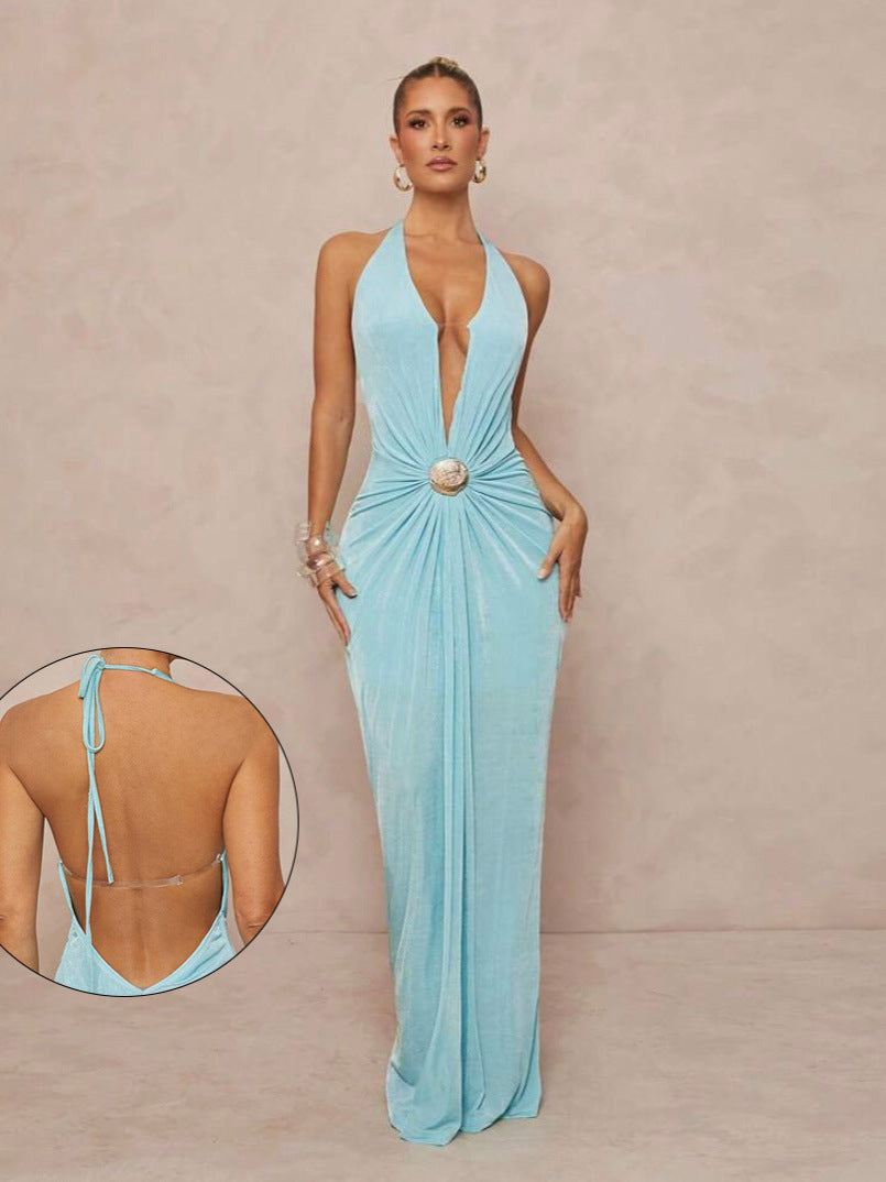 Women's Sexy Solid Color V-Neck Halter-Neck Backless Dress