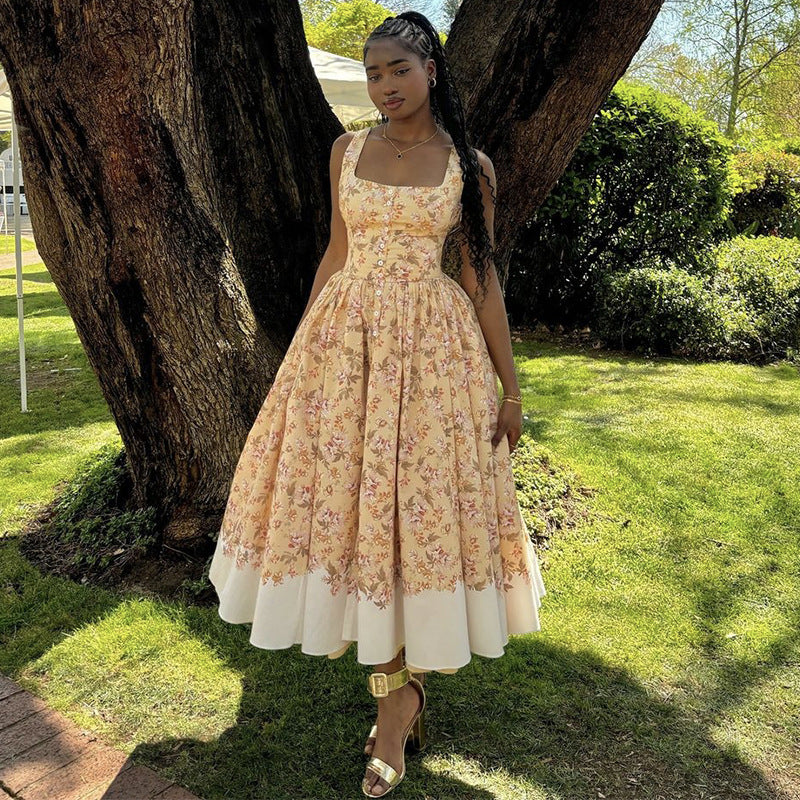 Women's Elegant Floral Printed Sleeveless Backless Midi Dress