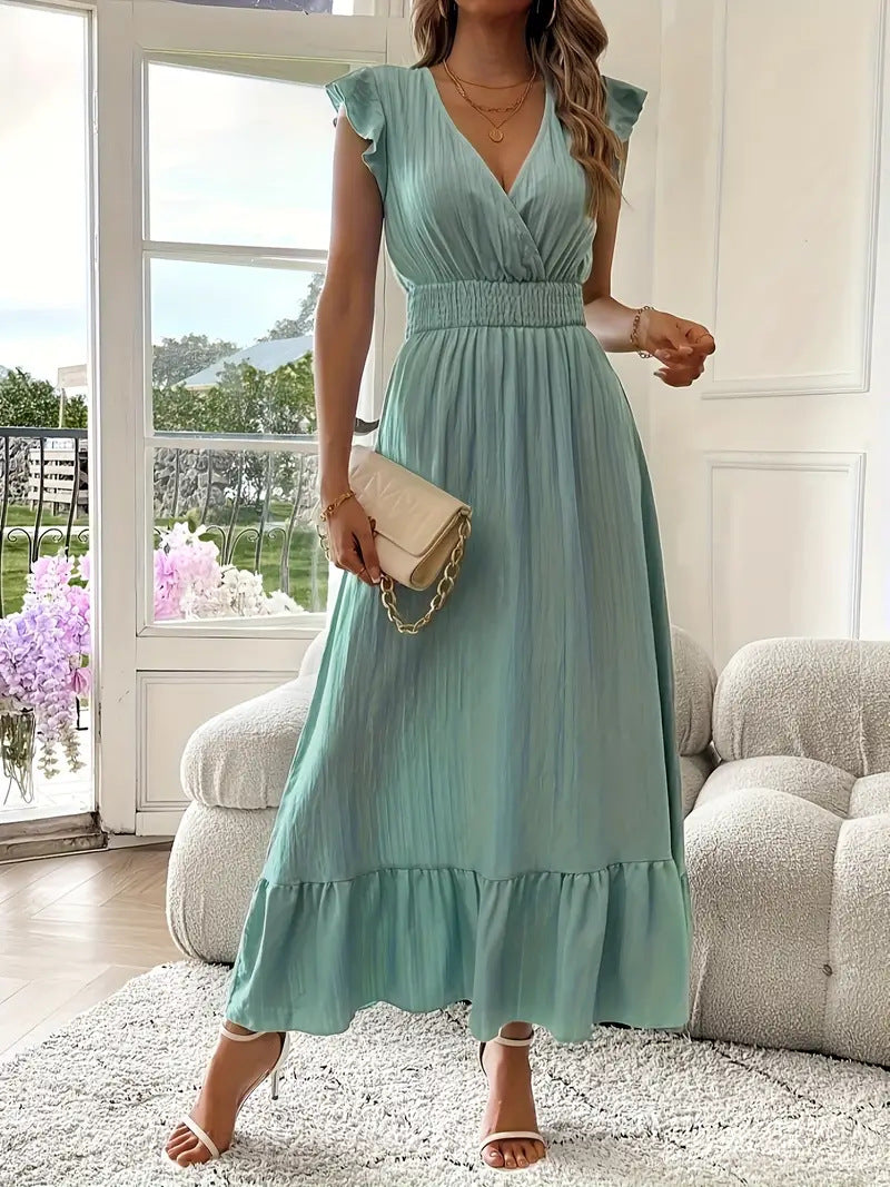 Women's Casual Summer Solid Color V-Neck Short Sleeve A-Line Dress