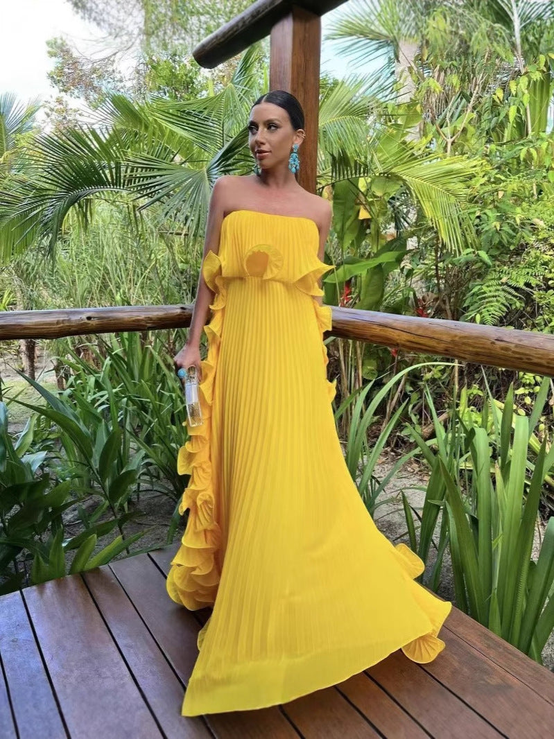 Women's Holiday Solid Color Tube Top Pleated Maxi Dress