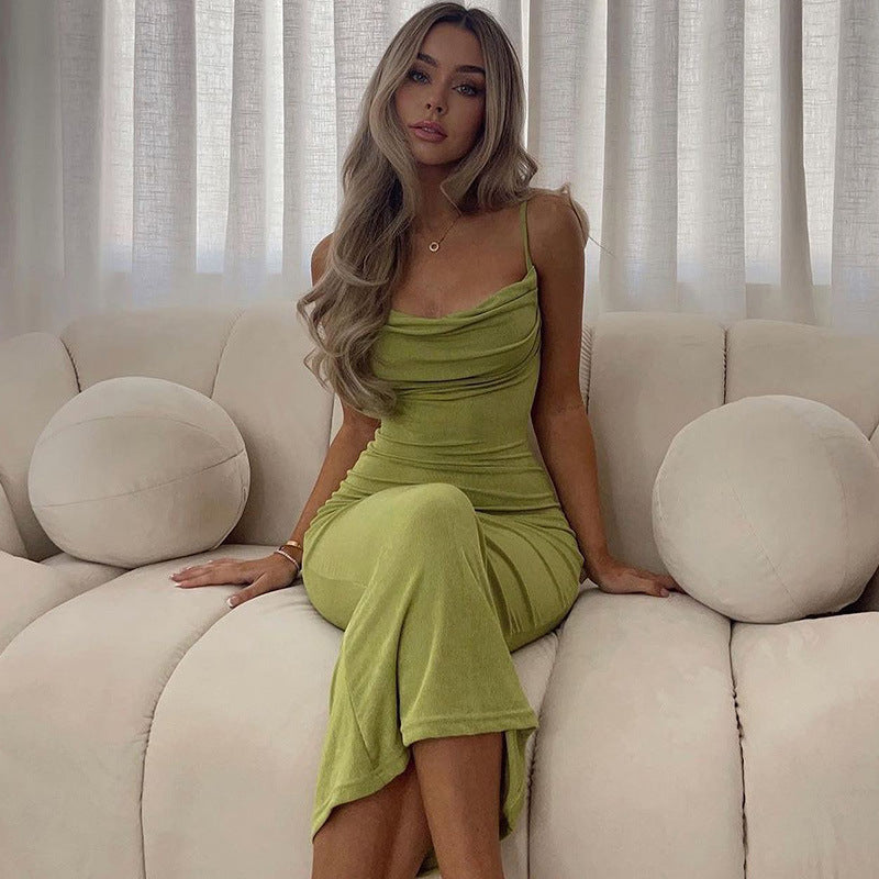 Women's Summer Sexy Backless Slim-Fit Spaghetti Strap Solid Color Bodycon Dress