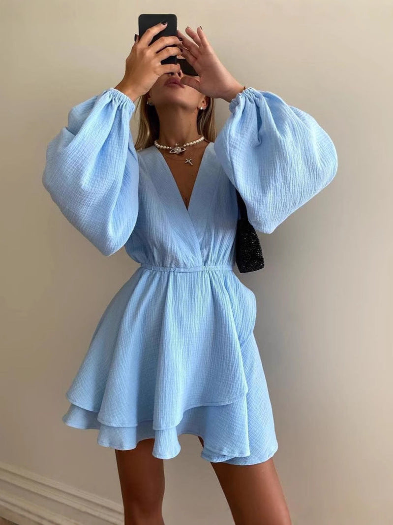 Women's Casual Solid Color V-Neck Long Sleeve Waist Loose A-Line Dress