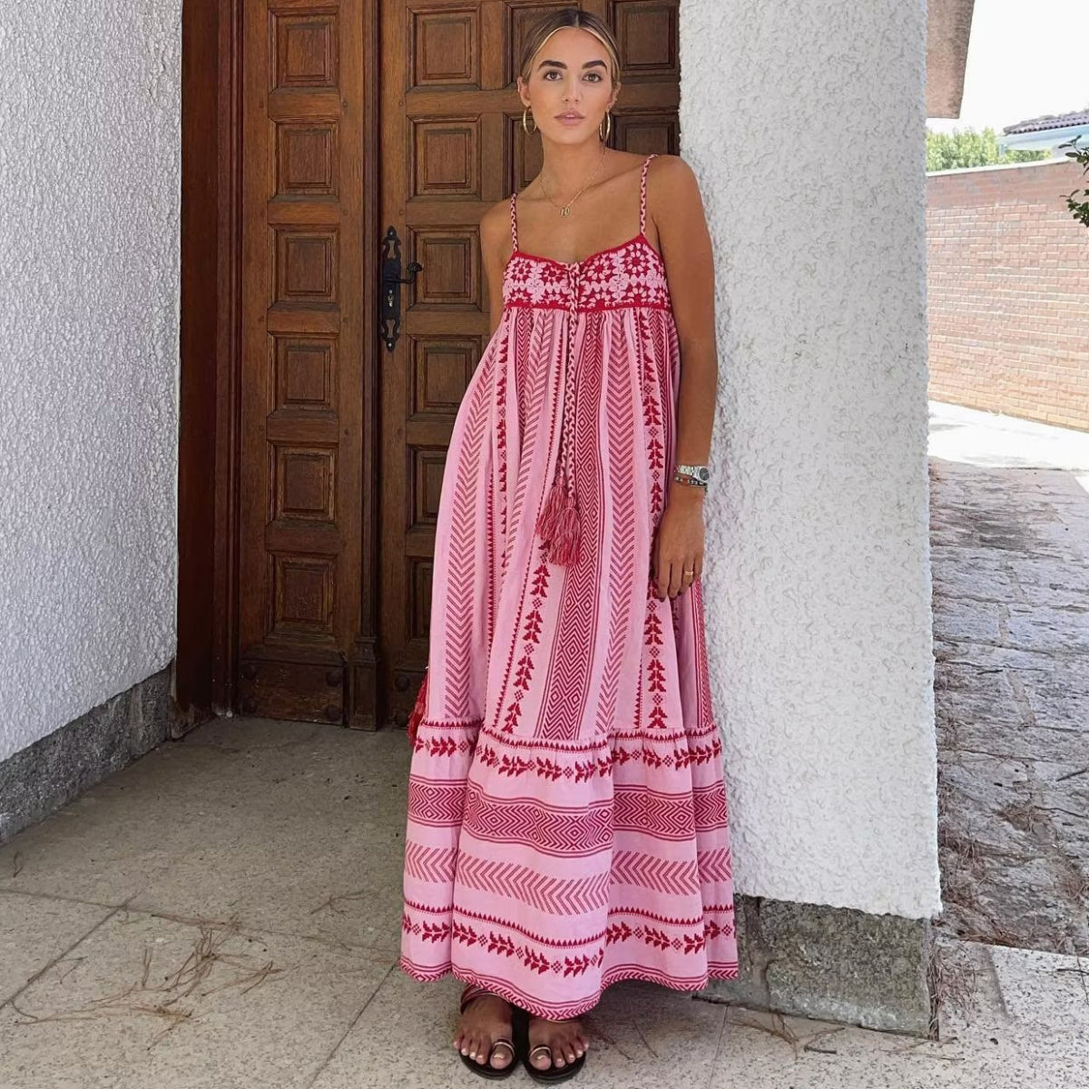 Women's Bohemian Casual Embroidered Sling Maxi Dress