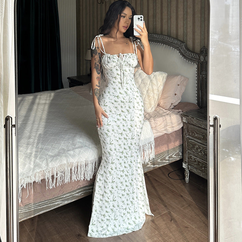 Women's Sexy Floral Printed Spaghetti Strap Lace-Up Slim Fit Long Dress
